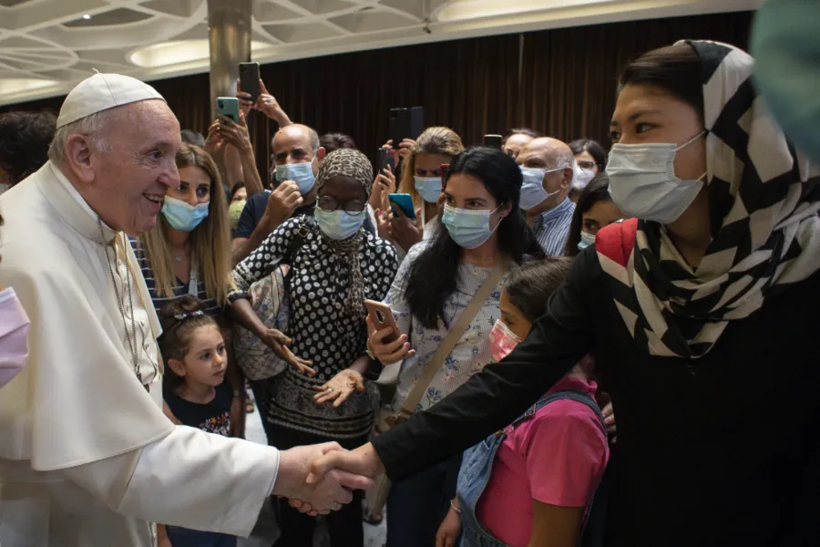 Pope Francis greets people after a documentary screening at the Vatican’s Paul VI Hall, Sept. 6, 2021.?w=200&h=150